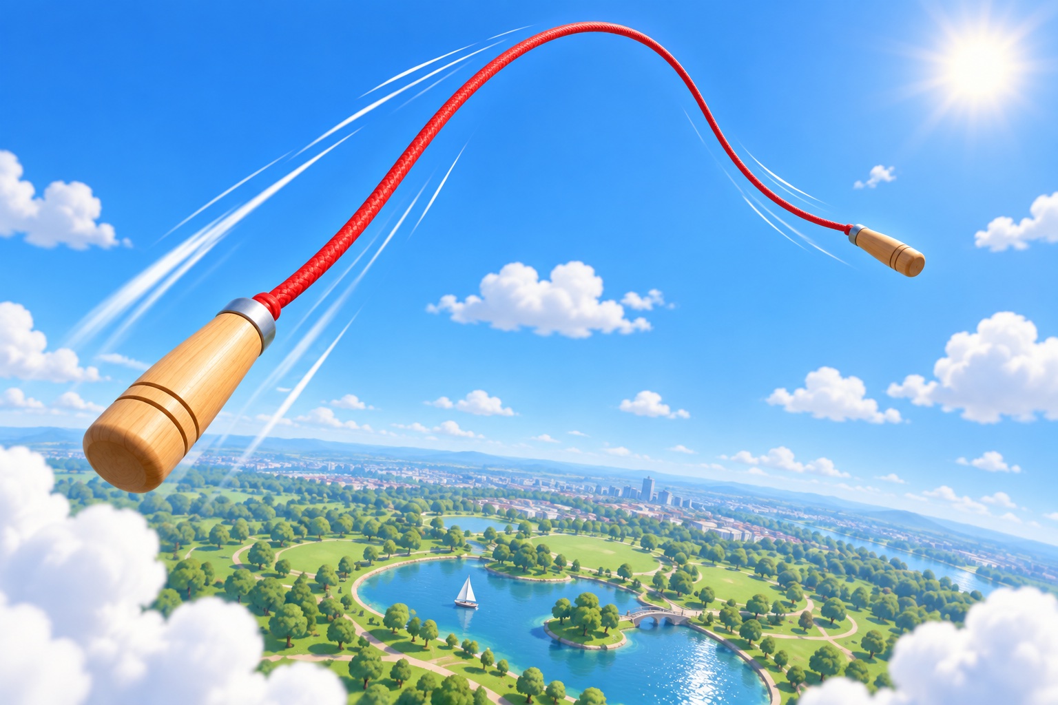 Fan illustration of a jump rope arcing impossibly high above a sunny park