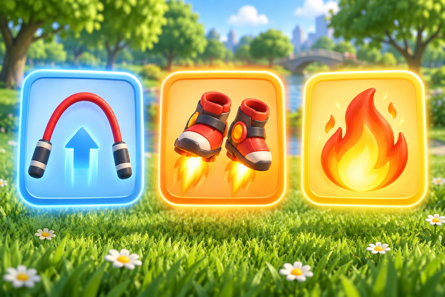 Fan illustration of three floating upgrade cards above sunny park grass
